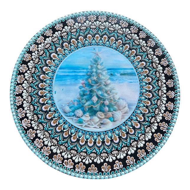 15" hand painted mandal designed around an insert with a Christmas tree on the beach