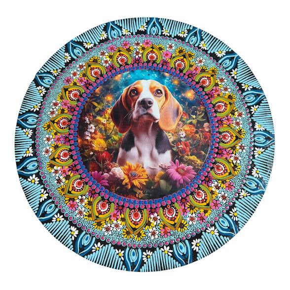 15" Hand painted mandala designed around a Beagle insert