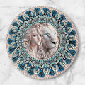 15" hand painted mandala designed around an insert with a Girl and Lion