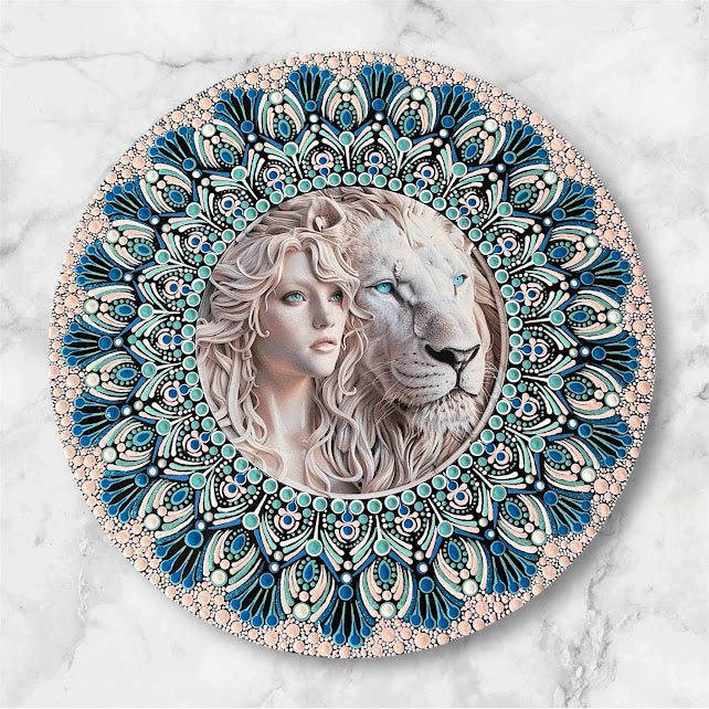 15" hand painted mandala designed around an insert with a Girl and Lion