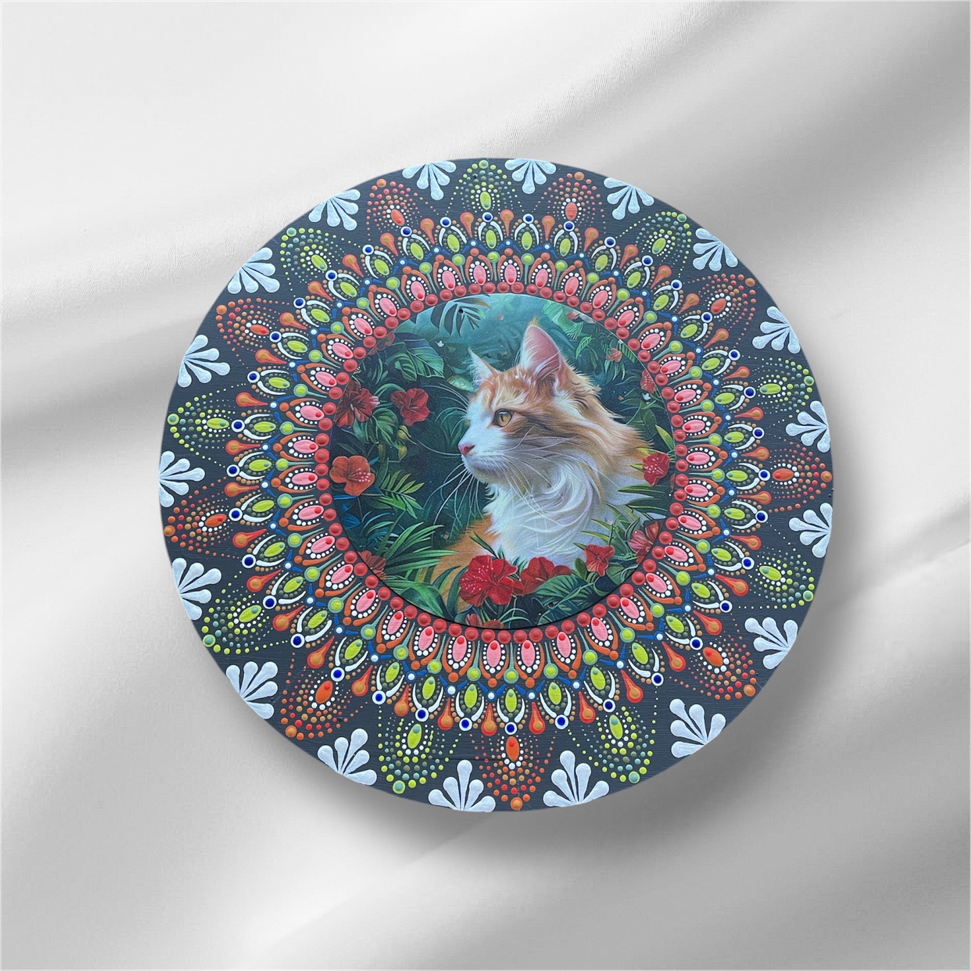 15" hand painted mandala designed around an insert with a cat and flowers