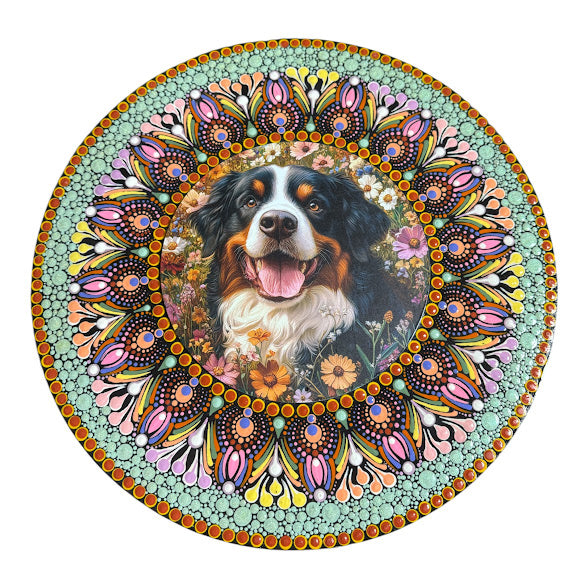 15" hand painted mandala designed around Bernese Mountain Dog insert