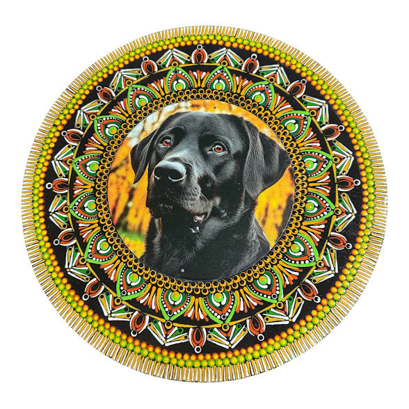 15" hand painted mandala designed around a Black Lab insert