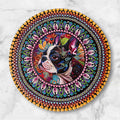 15" hand painted mandala designed around a colorful Boston Terrier insert