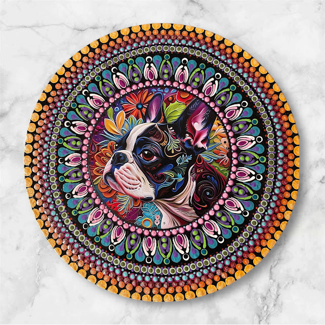15" hand painted mandala designed around a colorful Boston Terrier insert