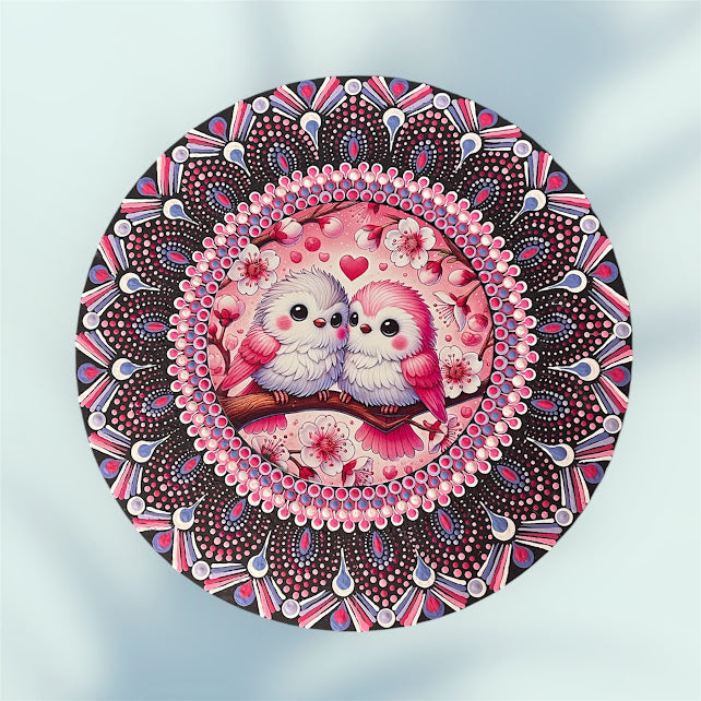 15" hand painted mandala designed around an insert with love birds