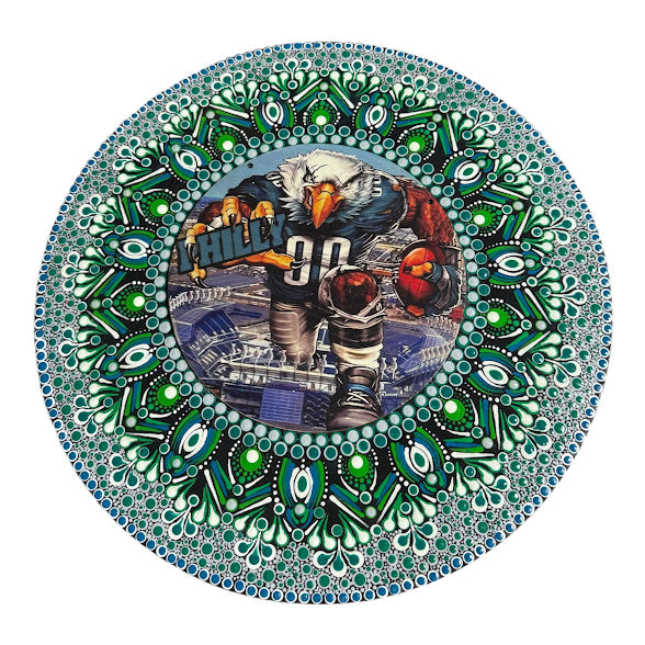 15" mandala designed around an insert with an Eagle wearing a football jersey