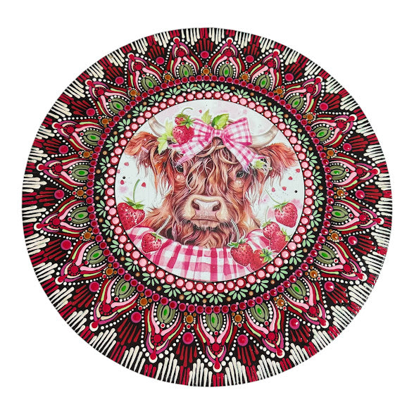 15" hand painted mandala designed around a Highland Cow insert