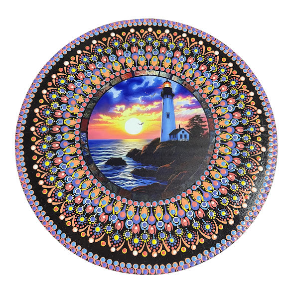 15" hand painted mandala designed around a lighthouse insert
