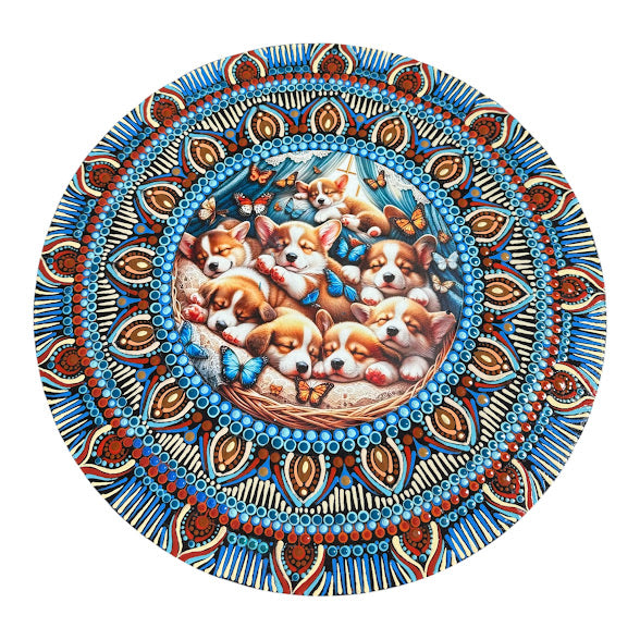 15 " hand painted mandala designed around an insert with sleeping corgis
