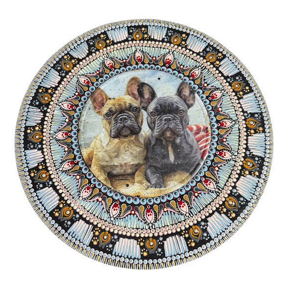 SOLD. 15" hand painted mandala designed around an insert of two adorable french bulldogs