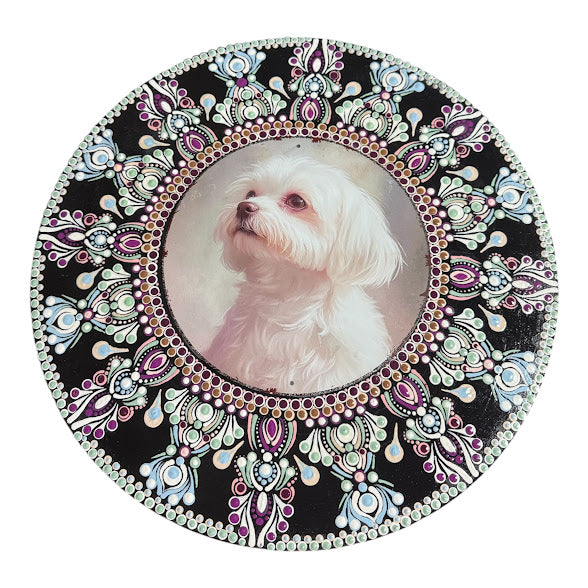 15" hand painted mandala designed around a cute white dog